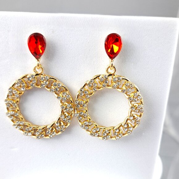 Clear-Stone Accented Gold Chain & Ruby Gemstone Earrings - Picture 1 of 4